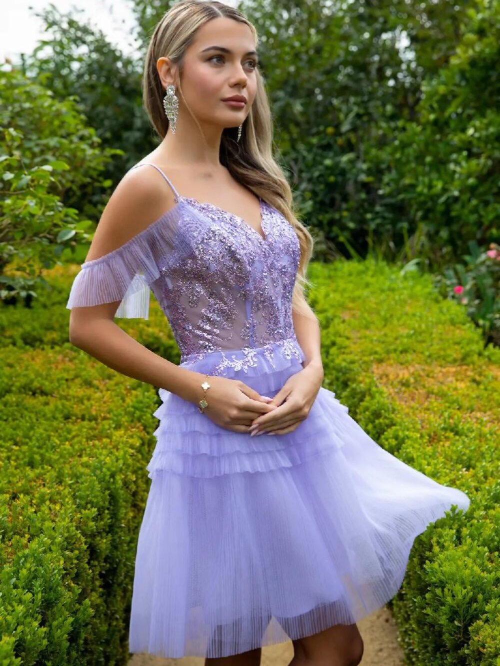 NEW LILAC Lace & Mesh Cocktail Dress Embellished Formal Elegant GS3511
